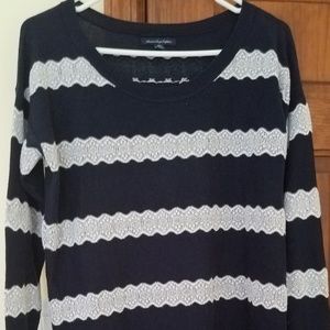 Navy blue and white lace striped sweater